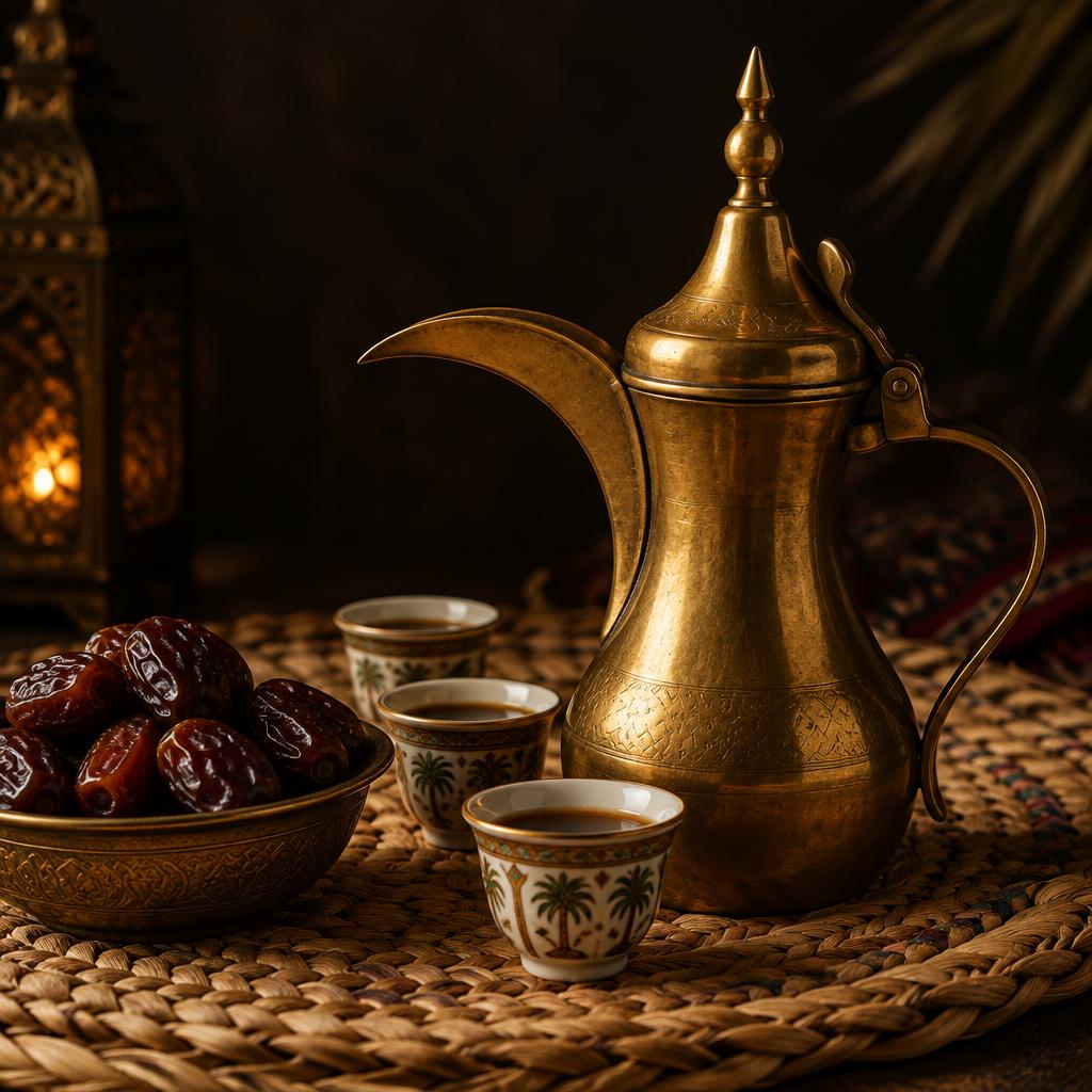 دلة قهوة نحاسية وفناجيل مع تمر