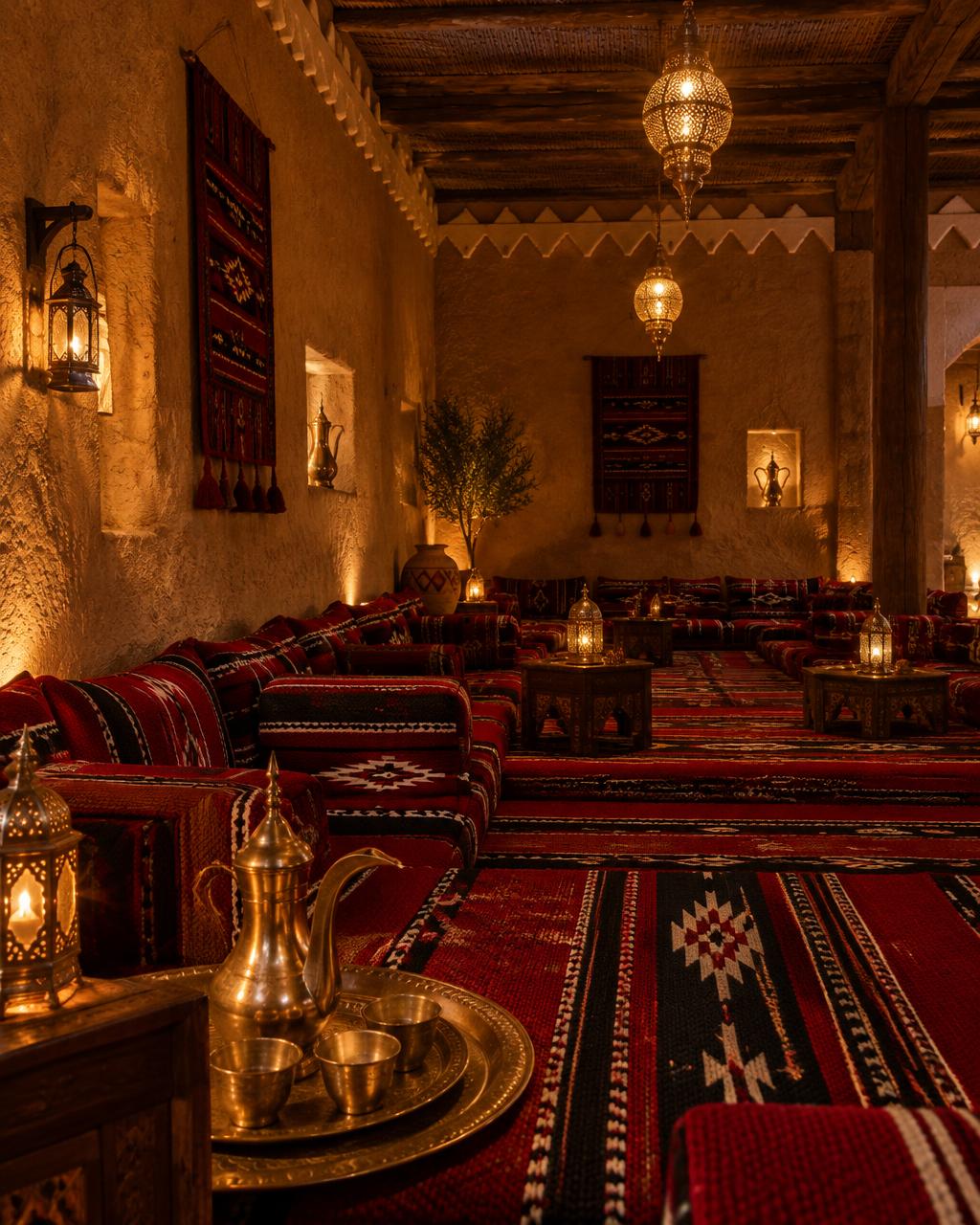 مجلس أرضي بجلسات السدو وإضاءة دافئة